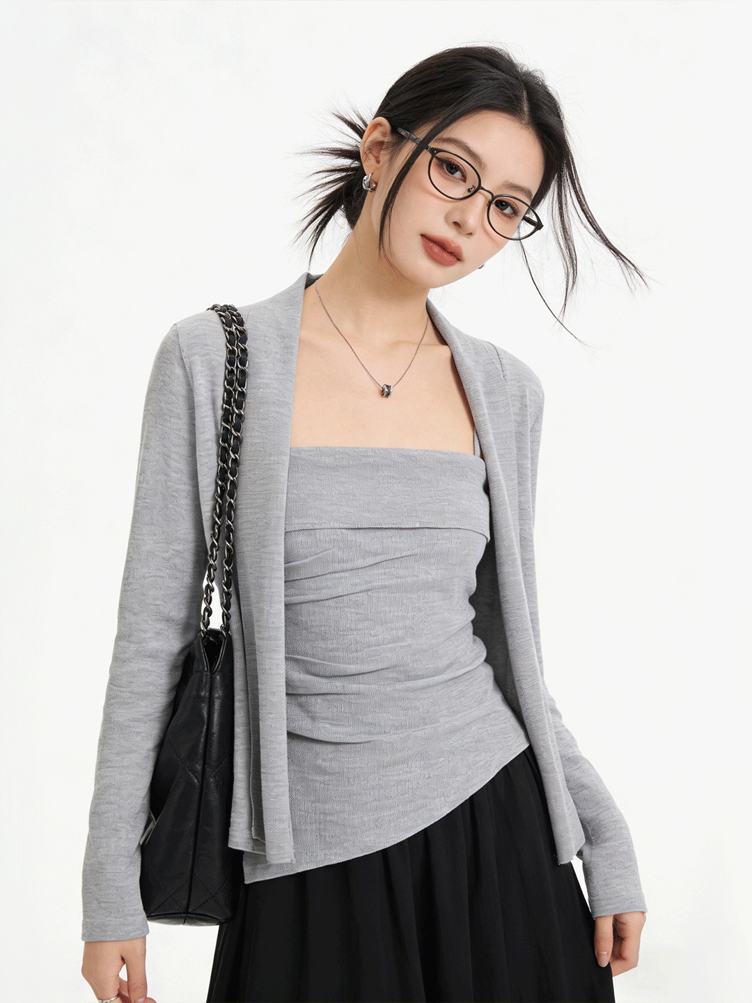 Korean Women Lifestyle - Lush Life Hautfreundlicher Kurzer Strick-Cardigan Schlankmachendes